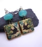 lampwork glass green earrings, ceramic swallow jewellery