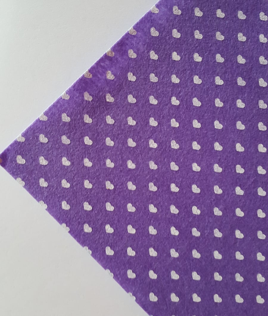 1 x Printed Felt Square - 12" x 12" - Hearts - Purple 