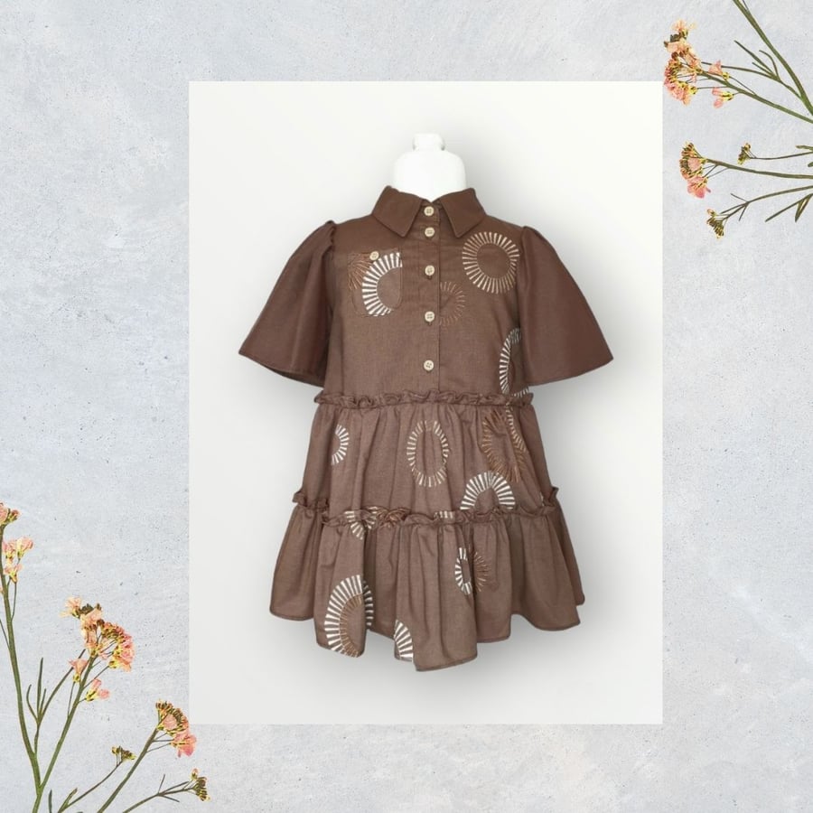Embroidered Tiered Shirt Dress with Angle Sleeves. Age 4-5yrs