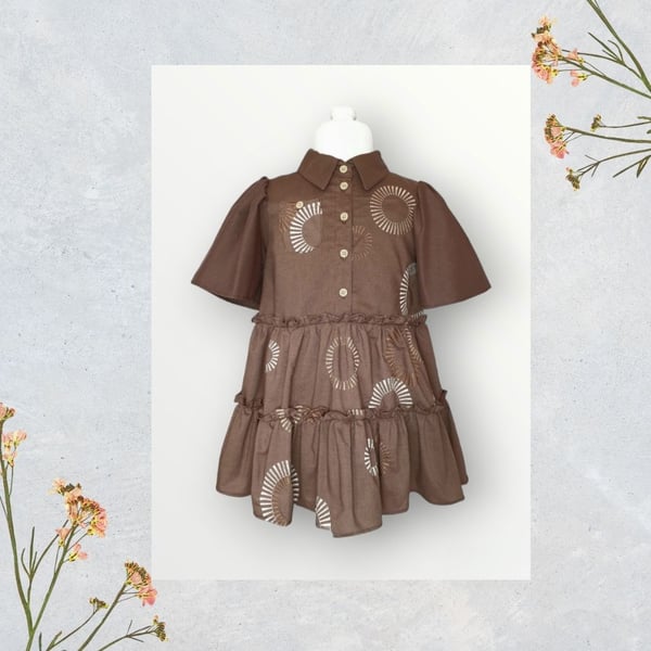 Embroidered Tiered Shirt Dress with Angle Sleeves. Age 4-5yrs