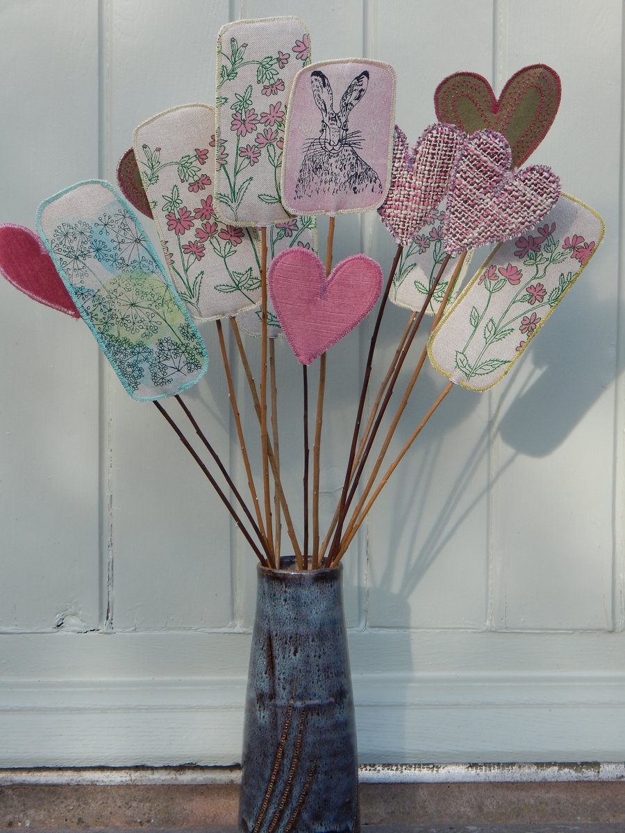 Hare, Red Campion and hearts - Screen printed fabric and willow flowers
