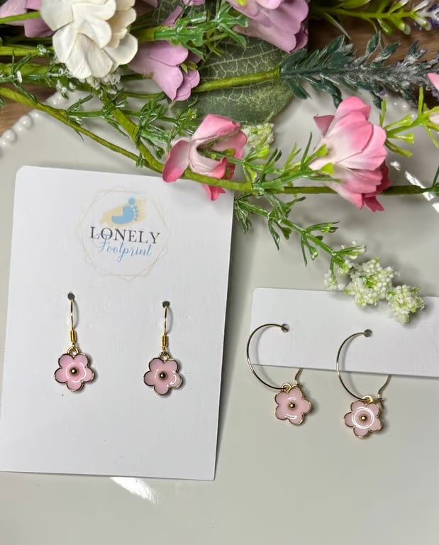 Pink Flower Earrings, Floral Charms, Handmade Jewellery 