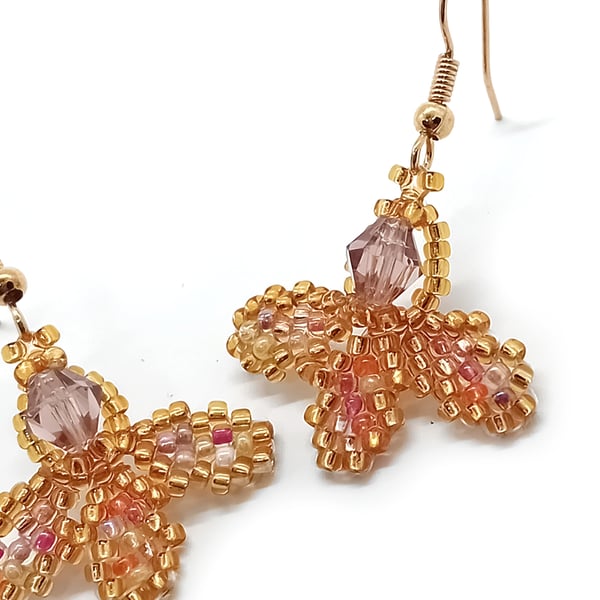 Gold tones flower petal beaded earrings