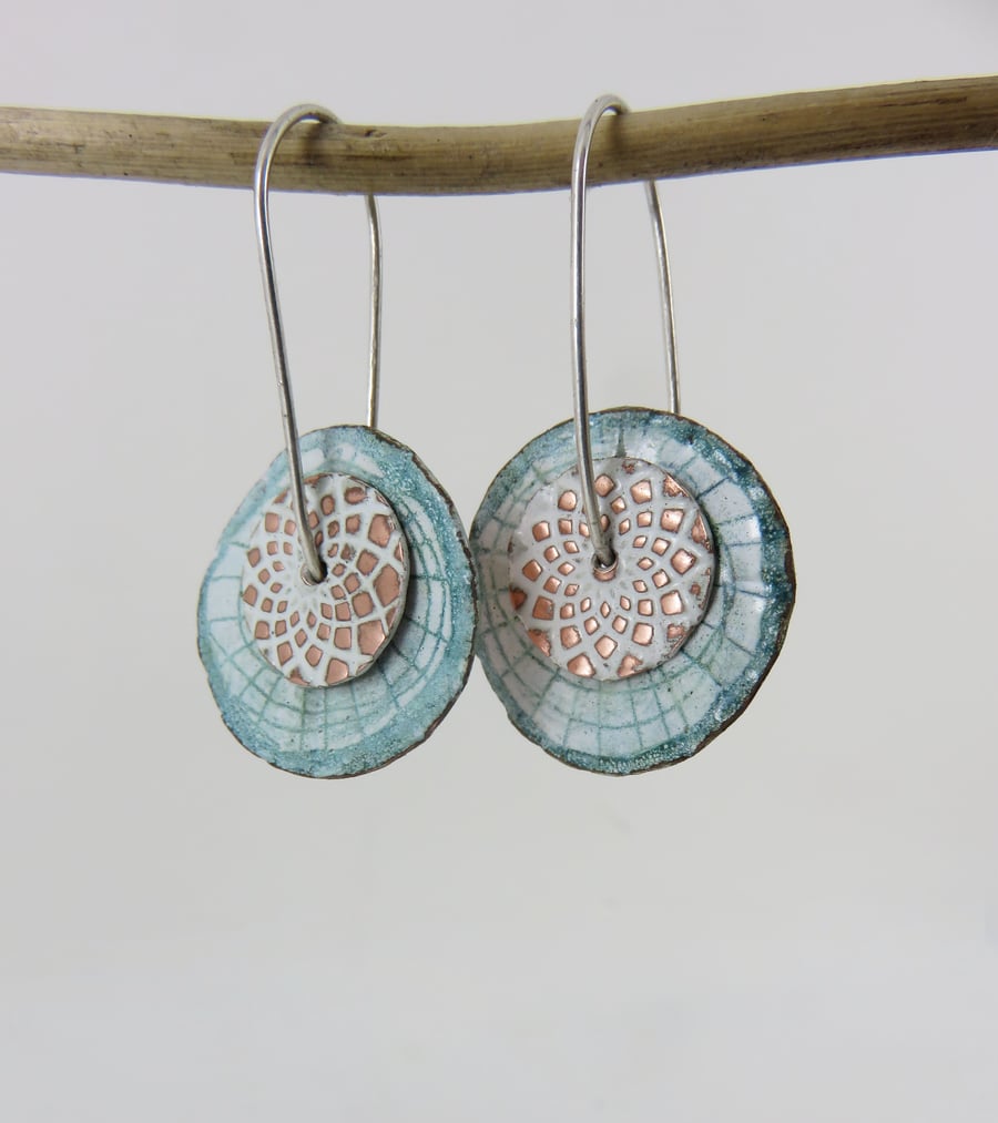 Double Copper Disc with Enamel and Textured Pattern on Silver Wires