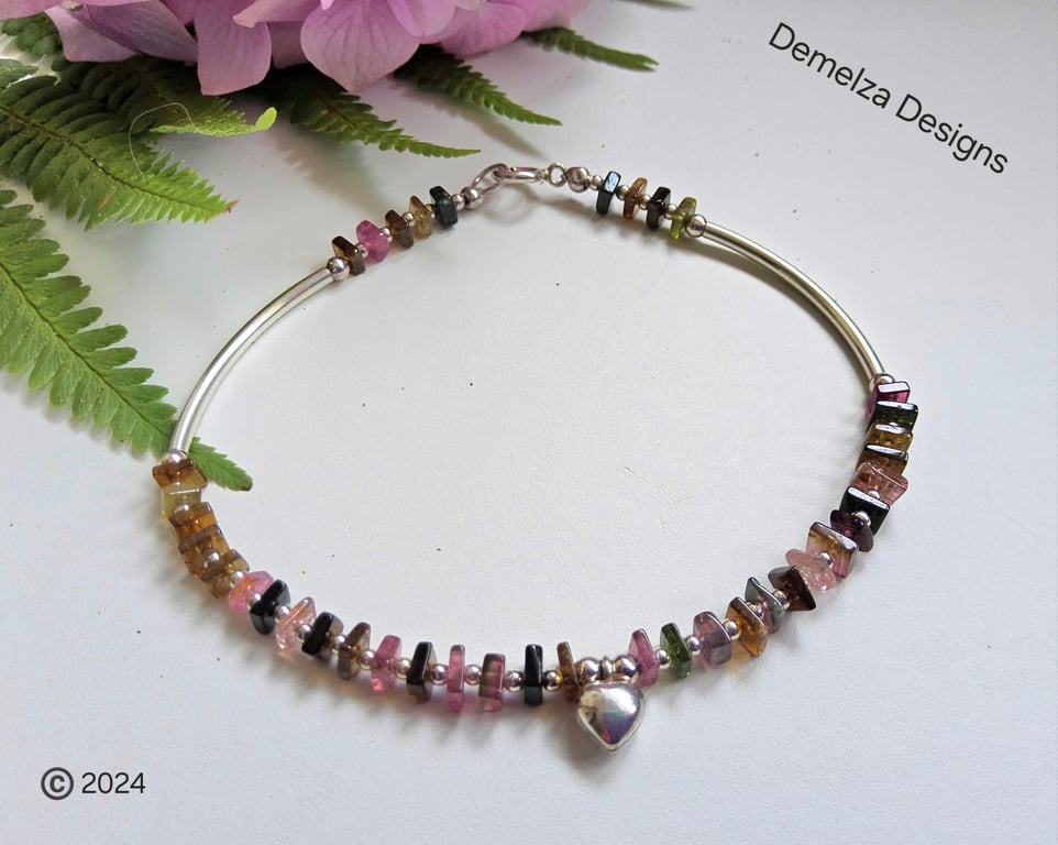 Designer  Watermelon Tourmaline & 925 Silver Heart Noodle Style Bracelet 
