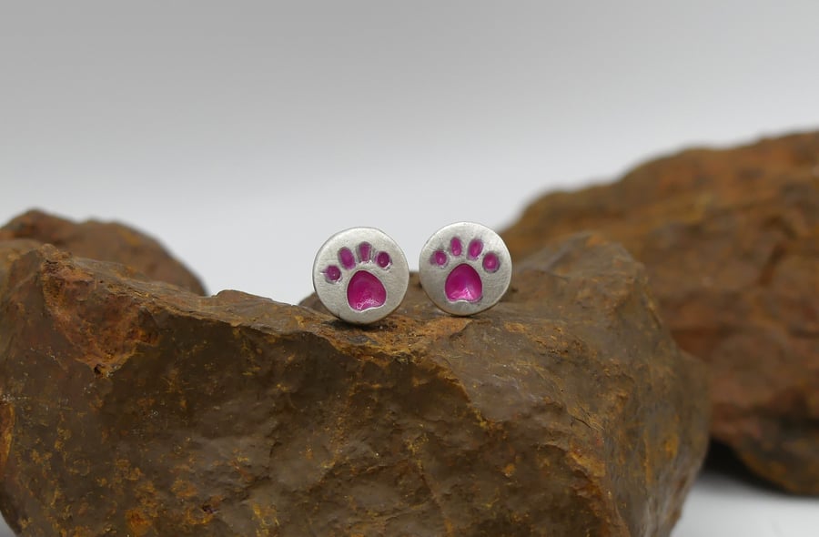 Recycled Sterling Silver Pawprint Stud Earrings with a Pink Patina.