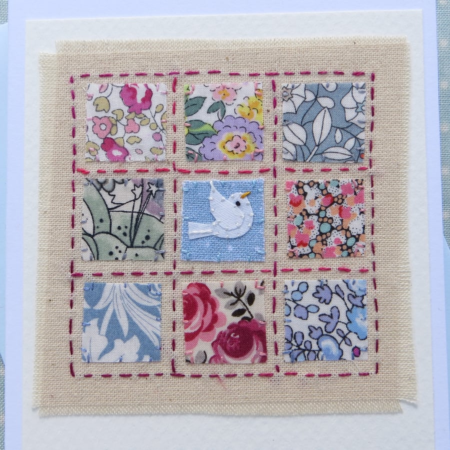 Little Dove Patchwork, sweet little hand-stitched card with Liberty Cottons