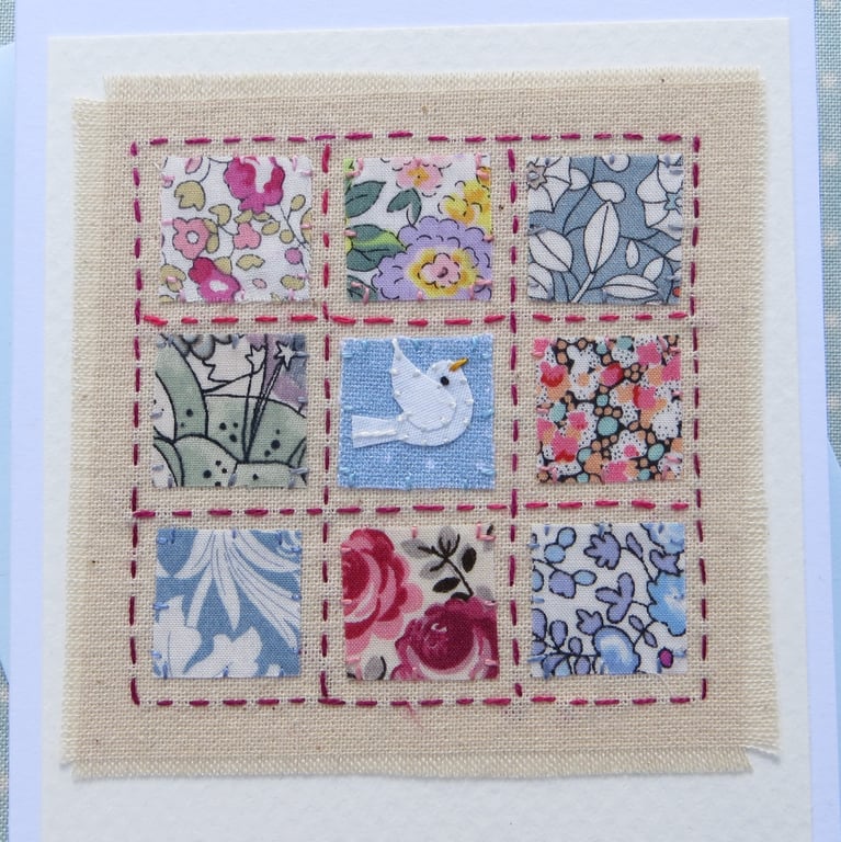 Little Dove Patchwork, sweet little hand-stitched card with Liberty Cottons