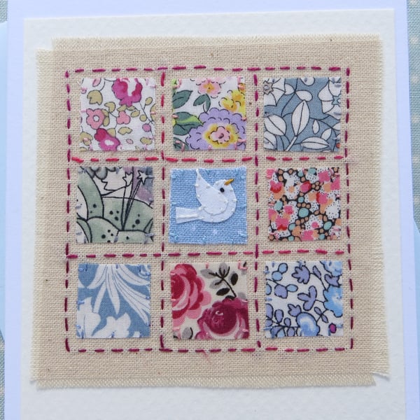 Little Dove Patchwork, sweet little hand-stitched card with Liberty Cottons