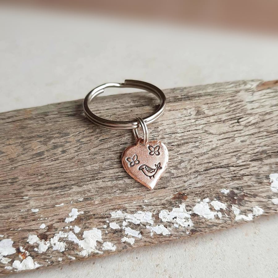 Bird and Butterflies Key Ring - Hand Stamped Copper  - 7th Anniversary Gift