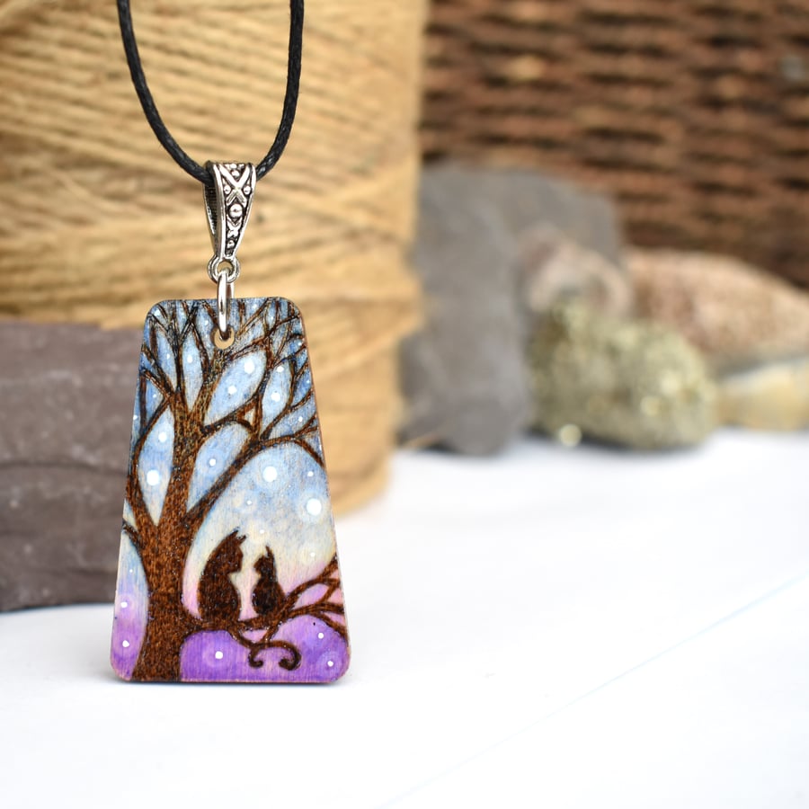 Little cat, big cat. Pyrography silhouette wooden pendant necklace