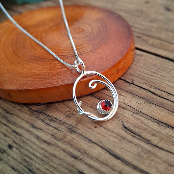 Handmade Silver Swirl Necklace with Amber