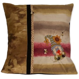 Bee & Sunflower Miss Gnome Gonk Embroidered Cushion Cover 16”x16”Last One