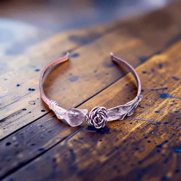 Handcrafted Copper Rose Vine Bangle - Medium, Adjustable 