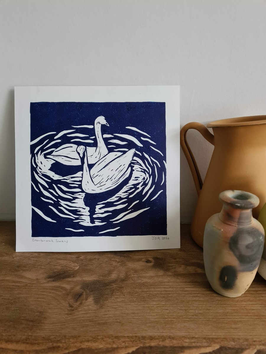 Blue swan handprinted linocut print 21x21cm