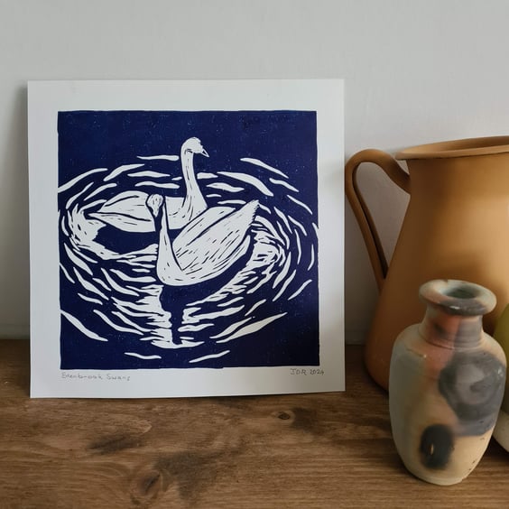 Blue swan handprinted linocut print 21x21cm
