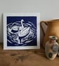 Blue swan handprinted linocut print 21x21cm - Image 1