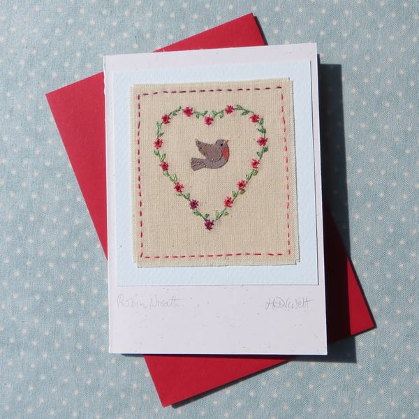 Robin Wreath, hand-stitched, special little card to keep, with poem inside