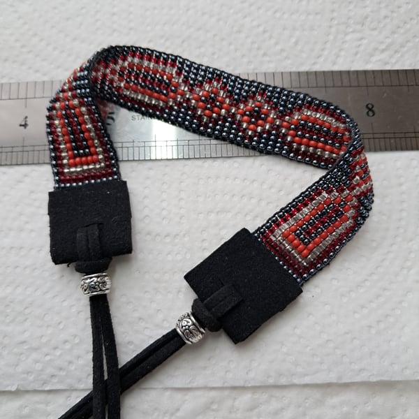 Beadloom Bracelet or Anklet red silver gunmetal and suede