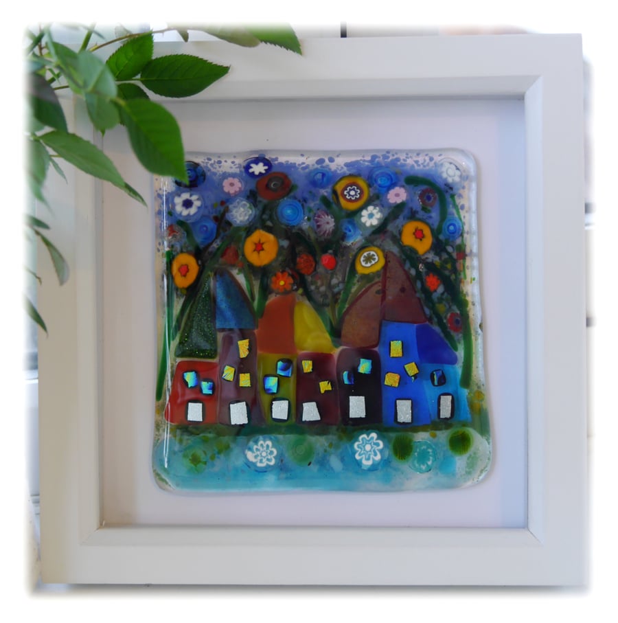 Wonky Cottage Row Fused Glass Picture Box Framed 002