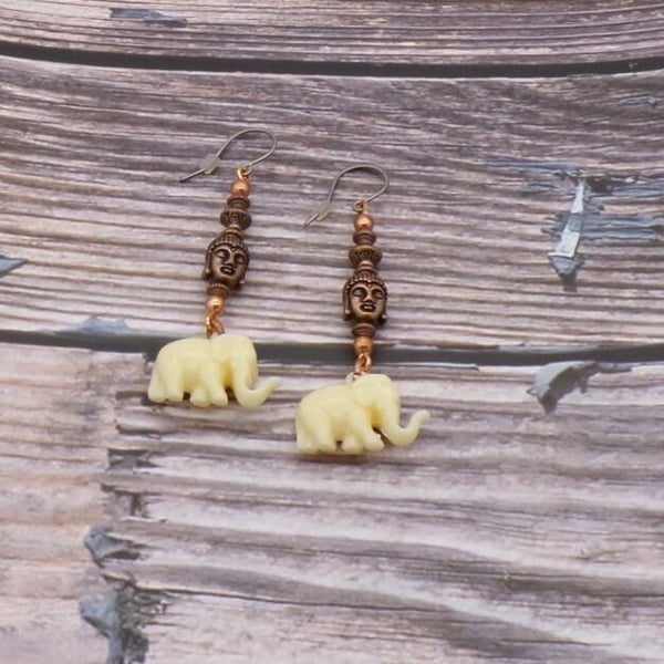 Handmade White Elephant Dangle Earrings Bronze Buddha, Titanium Earwires
