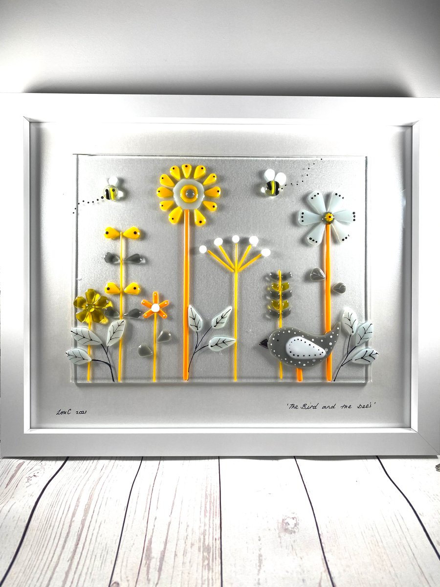 The bird and the bees fused glass art, picture