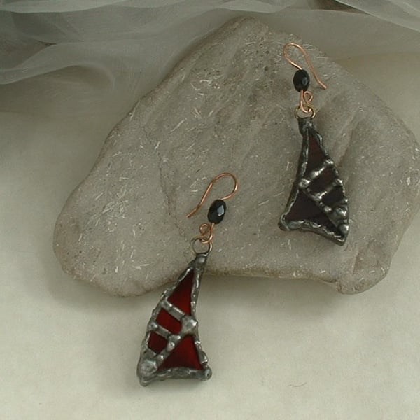 Red Glass Soldered Earrings with black glass beads