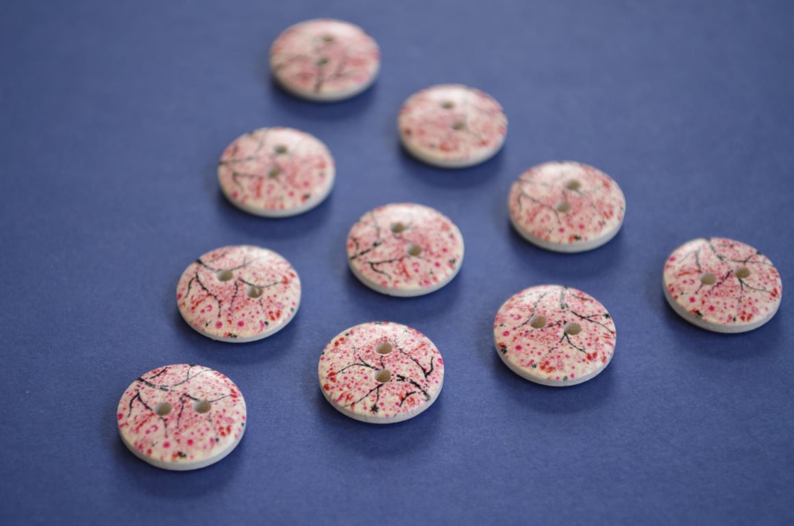 15mm Wooden Blossom Branch Buttons Red White 10pk Tree Leaves (ST14)
