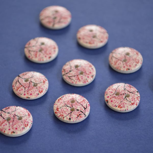 15mm Wooden Blossom Branch Buttons Red White 10pk Tree Leaves (ST14)