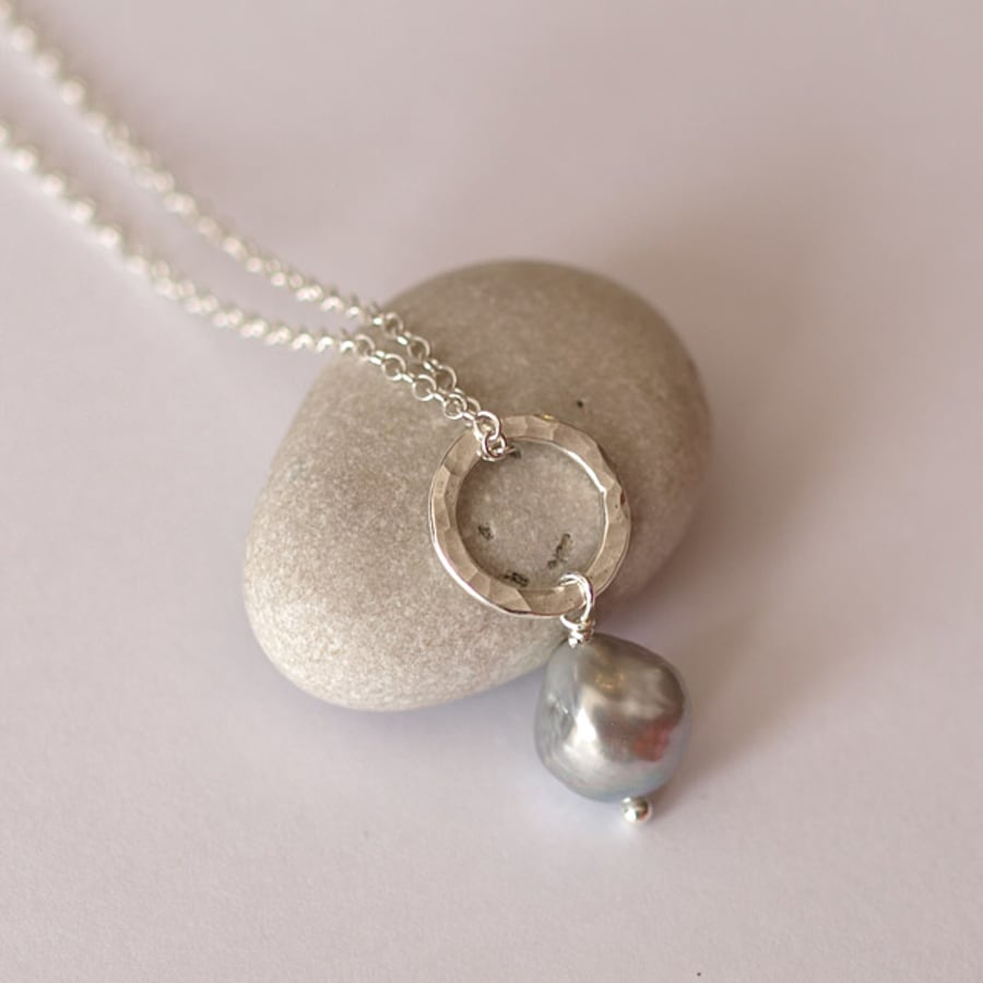 Hammered Circles and Baroque Silver Pearl Pendant - handmade jewellery gift