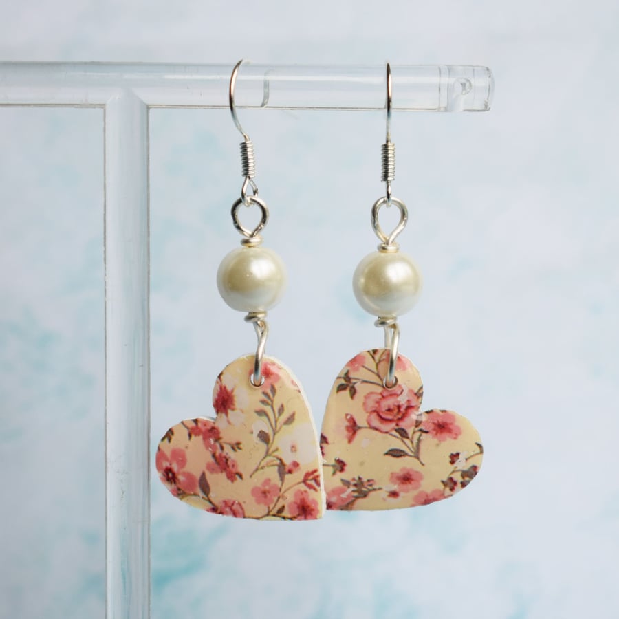 Cream and Pink Floral Heart Earrings