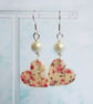 Cream and Pink Floral Heart Earrings - Image 1
