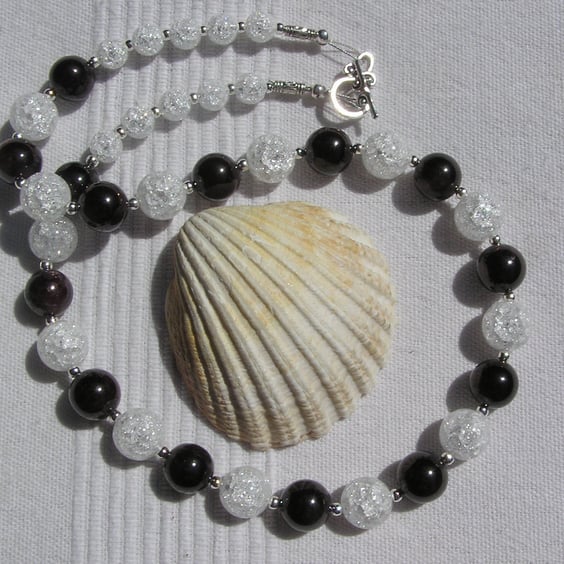 Red Garnet & Clear Quartz Gemstone Statement Beaded Necklace "Claret Sparkle"