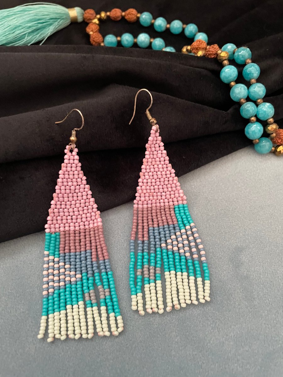 Earrings Fringe beaded abstract design hand beaded fringe dangle earrings