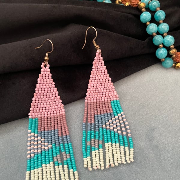 Earrings Fringe beaded abstract design hand beaded fringe dangle earrings