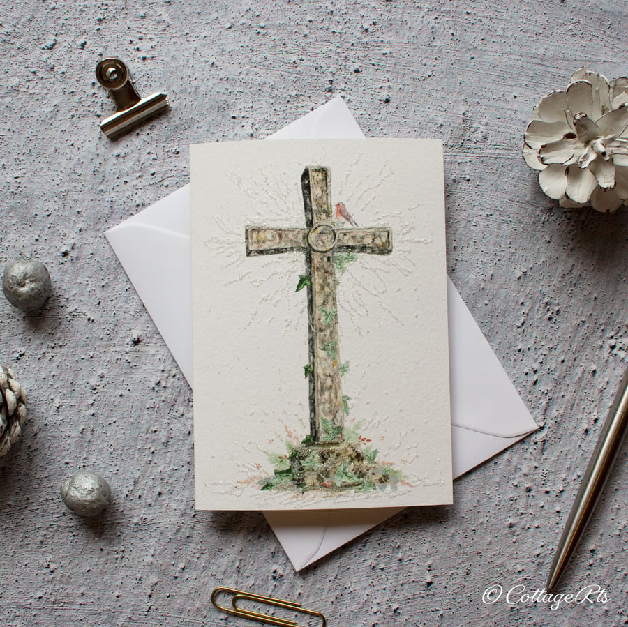 Christian Christmas Card - Christmas Cross Card - Hand Designed and Finished