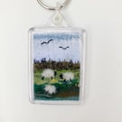 Keyring, sheep grazing in the field, needle felted textile art, silk and wool