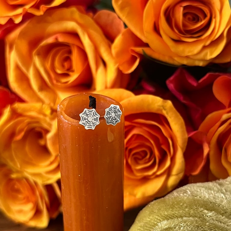 Handmade Sterling Silver Halloween Cobweb Stud Earrings