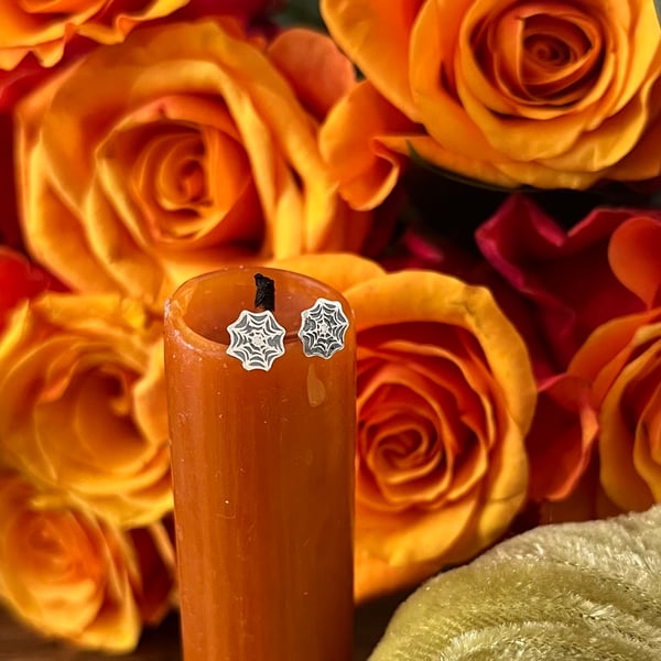 Handmade Sterling Silver Halloween Cobweb Stud Earrings