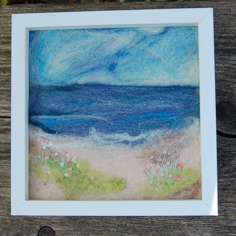 Needle felted and hand embroidered wool picture - Coastal scene 