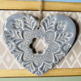 Ceramic heart hanging decoration Pottery Heart Folk art love heart GREY