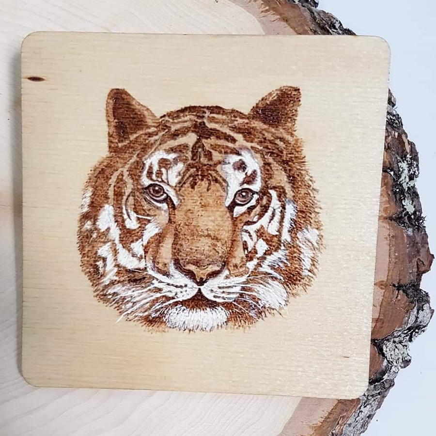 Hand Burned Wooden Coaster - Tiger