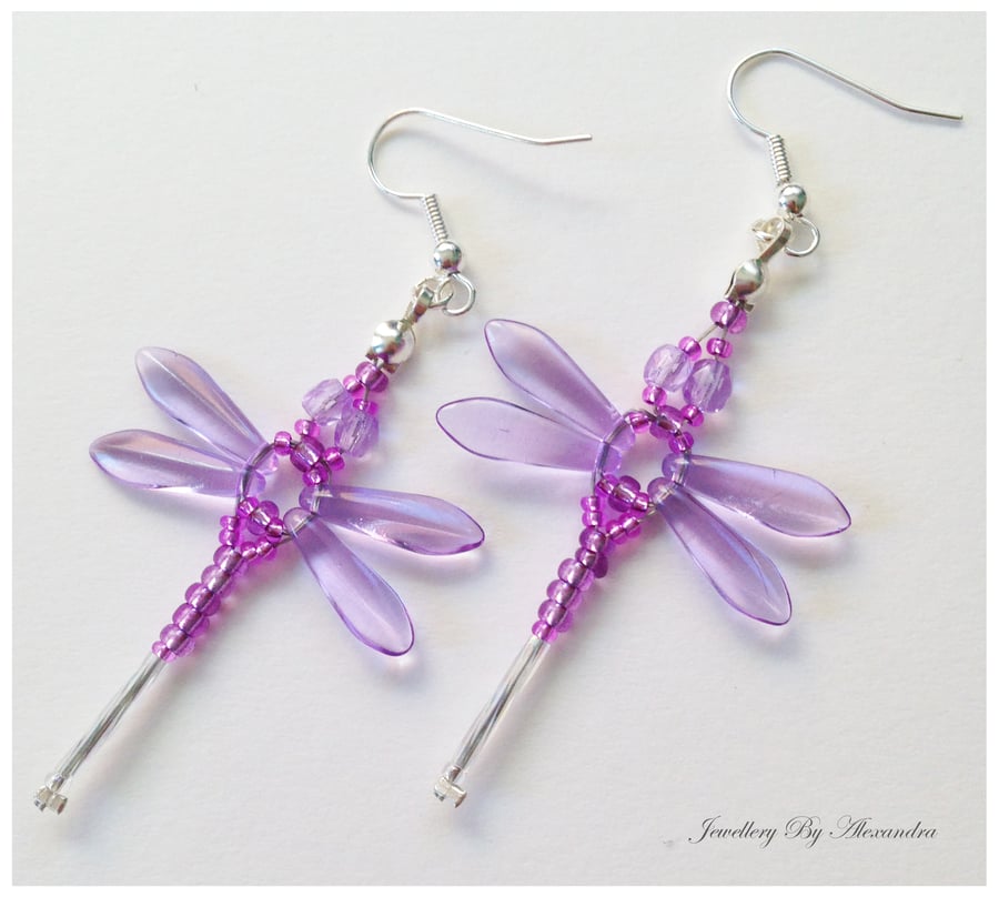 Beaded Dragonflies Earrings – Lilac and White