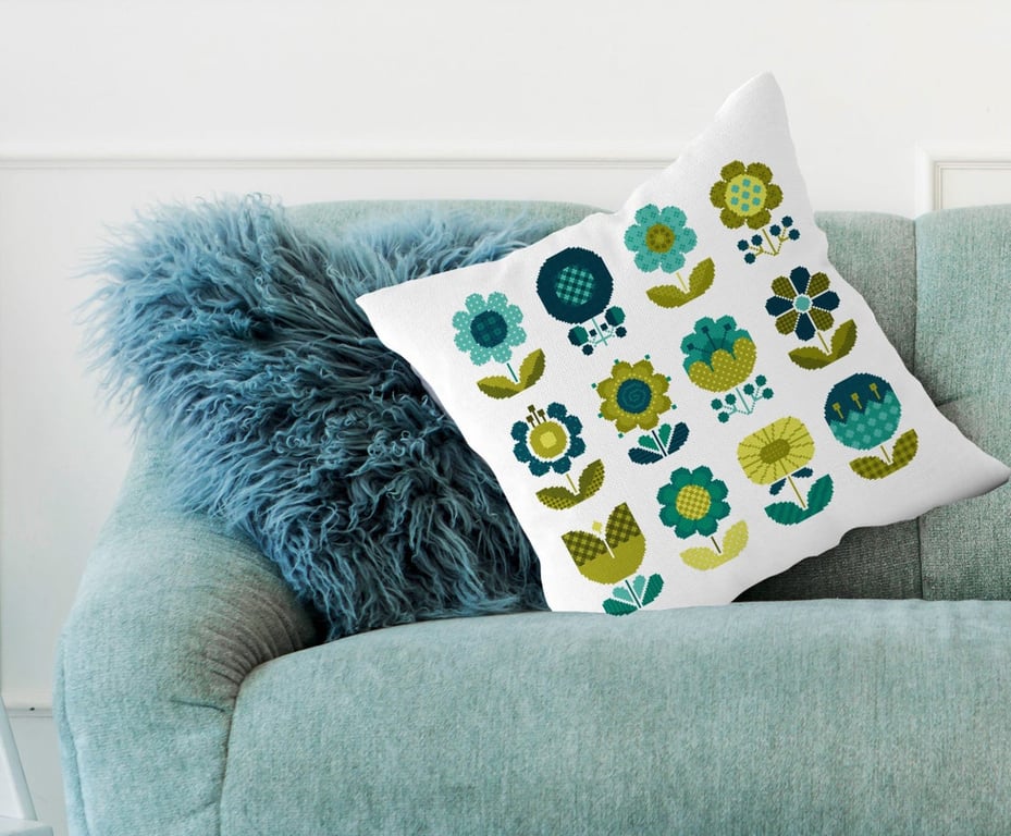 061A - Cross Stitch Cute Patchwork Spring Retro Flowers Greens and Blues Pattern