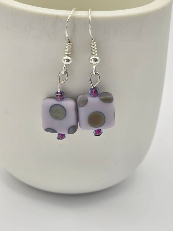Czech glass grey cubed earrings with a peacock pattern
