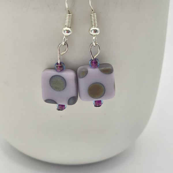 Czech glass grey cubed earrings with a peacock pattern