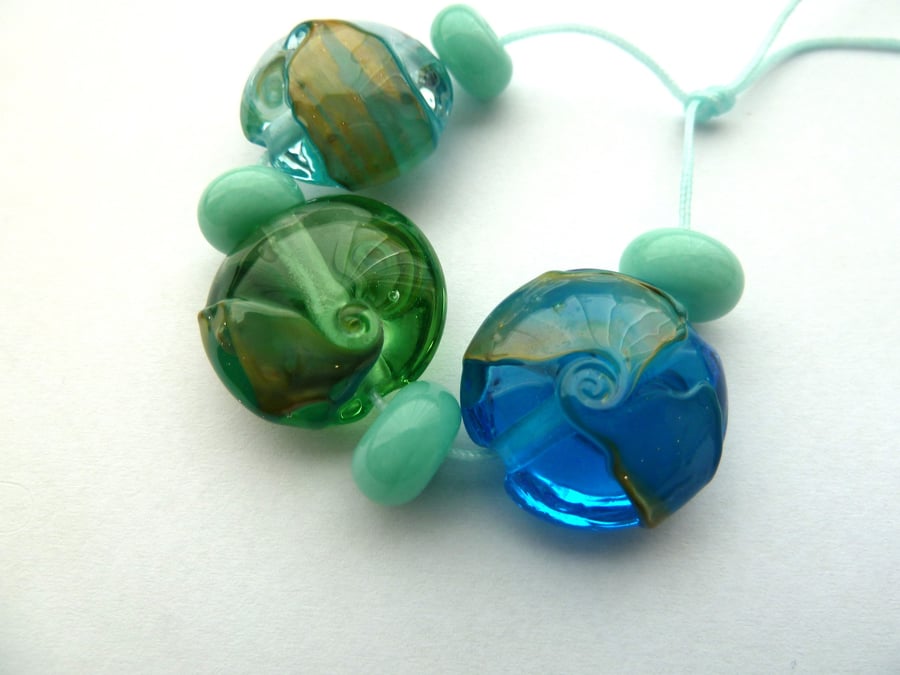 blue and green shard lampwork beads