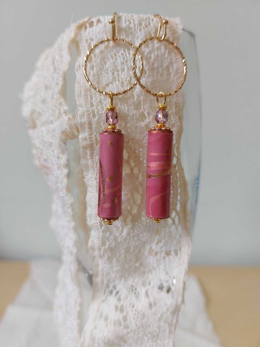 Pink Drop Earrings with Handcrafted Paper beads and Crystals 