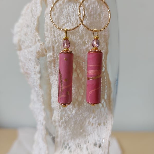 Pink Drop Earrings with Handcrafted Paper beads and Crystals 