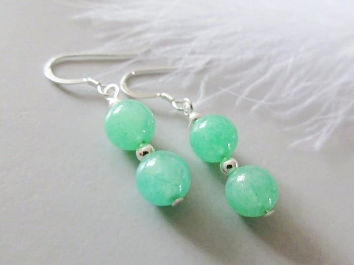 Bright Green Aventurine Duo Short Earrings With Sterling Silver 